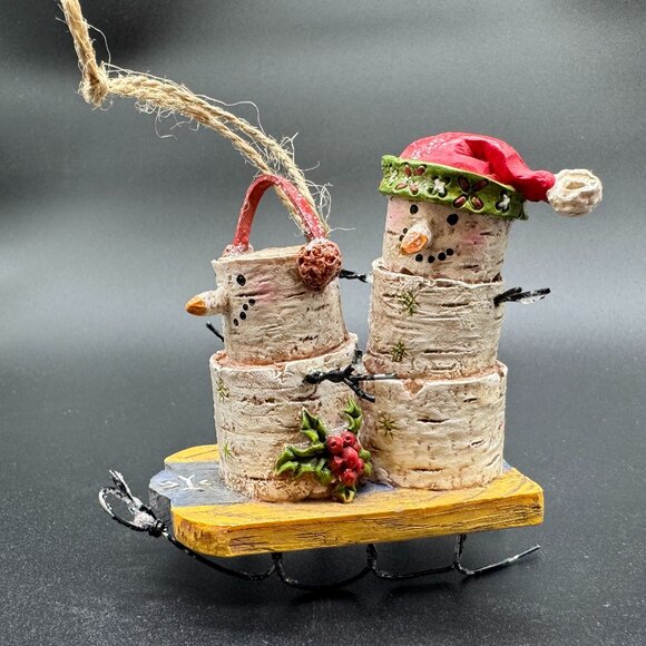 Christmas Tree Ornament Tree Trunks Snowmen on Sleigh - Picture 3 of 7